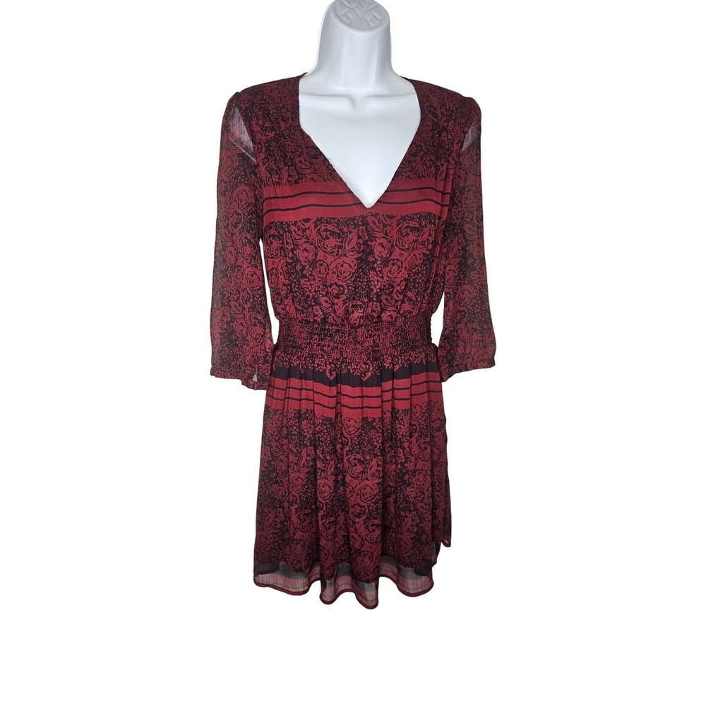 Cope Floral Print Dress Boho Sheer 3/4 Sleeve‎ V-Neck Red Black Size M Romantic